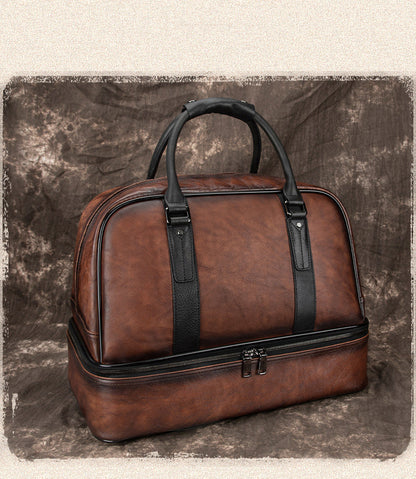 Casual Brown Leather Men Business Weekender Bags Handbag With Shoes Storage Travel Bags Overnight Bags For Men