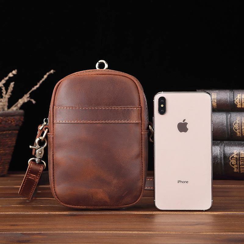 Casual Brown Leather Belt Pouch Mini Messenger Bag Men's Small Side Bag Phone Holster For Men