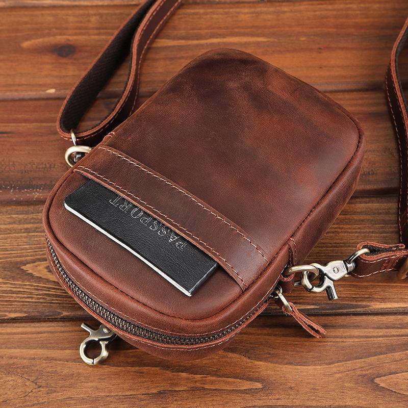 Casual Brown Leather Belt Pouch Mini Messenger Bag Men's Small Side Bag Phone Holster For Men