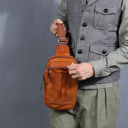 Casual Tan Leather Mens Chest Bag Sling Bag Coffee Crossbody Pack One Shoulder Backpack for Men