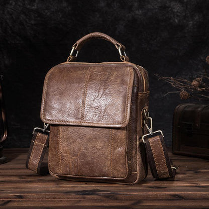 Leather Mens Vertical Side Bag Small Courier Bag Brown Vertical Handbag Messenger Bag For Men