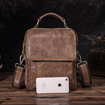 Leather Mens Vertical Side Bag Small Courier Bag Brown Vertical Handbag Messenger Bag For Men