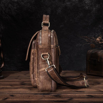 Leather Mens Vertical Side Bag Small Courier Bag Brown Vertical Handbag Messenger Bag For Men