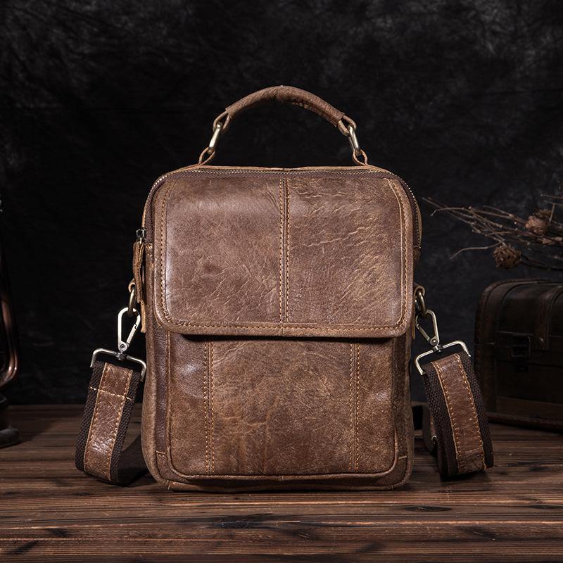 Leather Mens Vertical Side Bag Small Courier Bag Brown Vertical Handbag Messenger Bag For Men