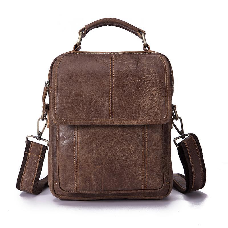 Leather Mens Vertical Side Bag Small Courier Bag Brown Vertical Handbag Messenger Bag For Men