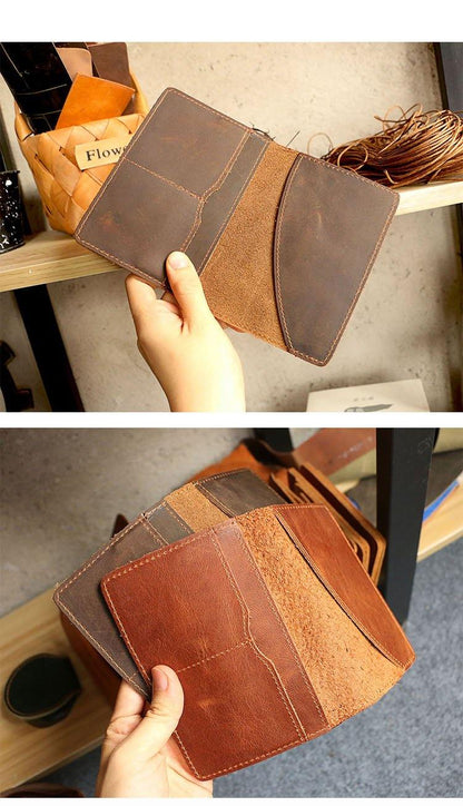 Casual Brown Handmade Leather Mens Bifold Passport Holder Travel Wallet Holder For Men