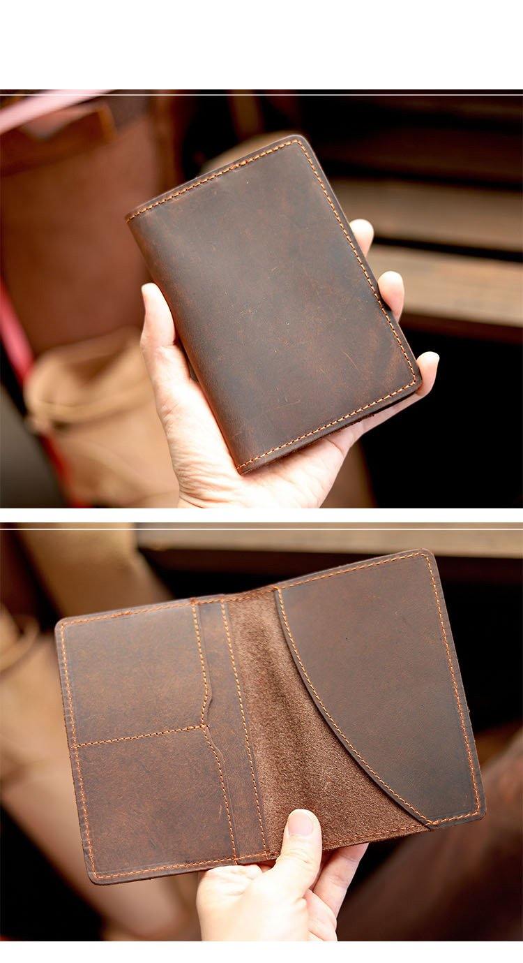 Casual Brown Handmade Leather Mens Bifold Passport Holder Travel Wallet Holder For Men