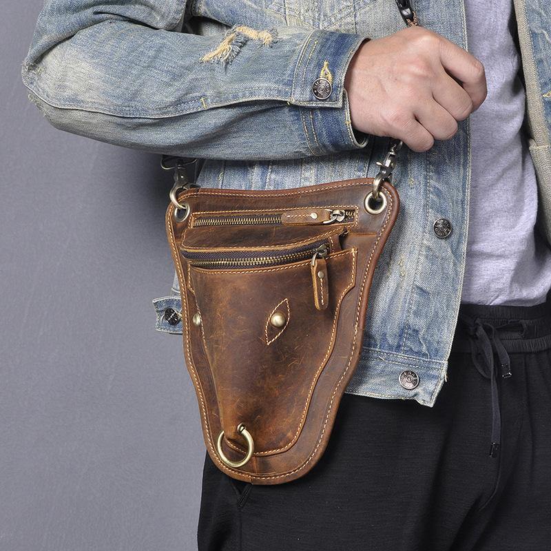 Vintage Brown LEATHER MEN'S Ox Fanny Pack Waist Bag Side Bag Drop Leg Biker Bag For Men