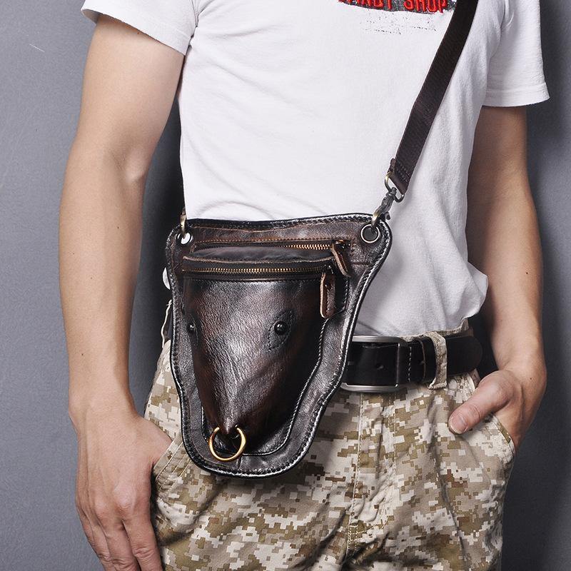 Vintage Brown LEATHER MEN'S Ox Fanny Pack Waist Bag Side Bag Drop Leg Biker Bag For Men