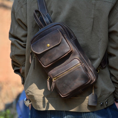 Coffee Leather Men's Chest Bag Sling Bag Vintage One shoulder Backpack For Men