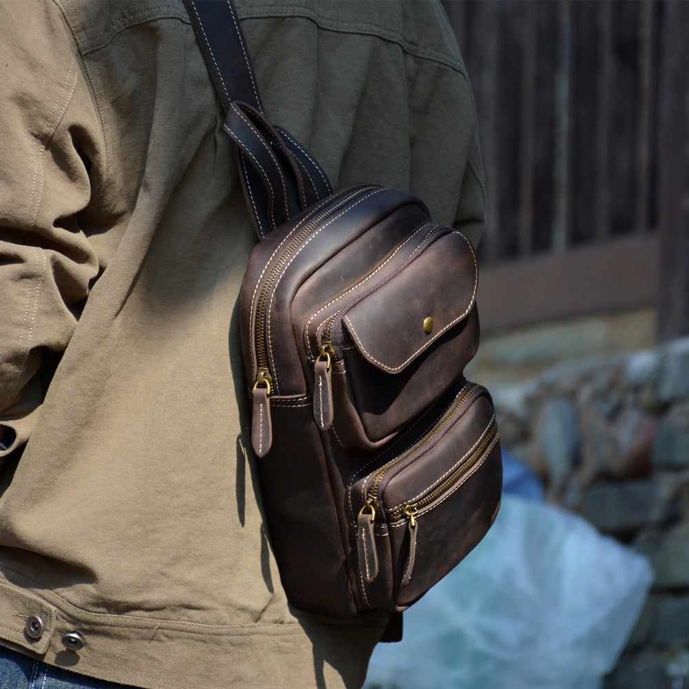 Coffee Leather Men's Chest Bag Sling Bag Vintage One shoulder Backpack For Men