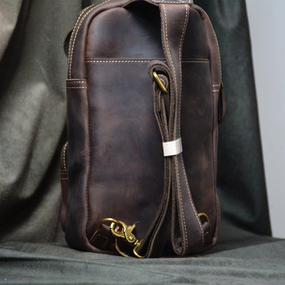 Coffee Leather Men's Chest Bag Sling Bag Vintage One shoulder Backpack For Men