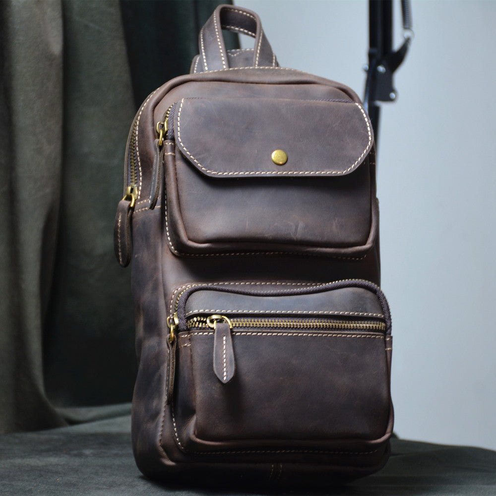 Coffee Leather Men's Chest Bag Sling Bag Vintage One shoulder Backpack For Men