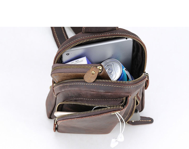 Coffee Leather Sling Backpack Men's Sling Bag Unique Chest Bag One shoulder Backpack For Men