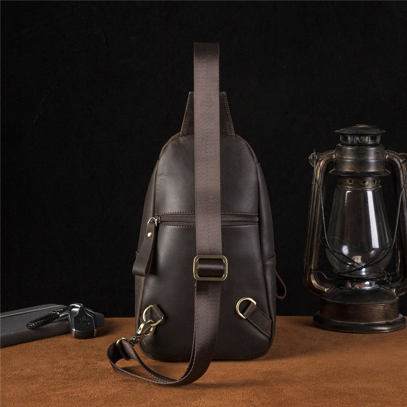 Coffee Leather Sling Pack Black Leather Sling Bag Cool Sling Crossbody Packs For Men