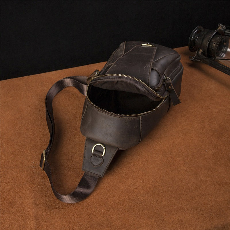 Coffee Leather Sling Pack Black Leather Sling Bag Cool Sling Crossbody Packs For Men