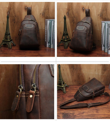 Coffee Leather Sling Pack Mens Leather Sling Bag Sling Crossbody Bag Leather Sling Travel Bag For Men