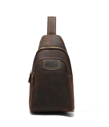 Coffee Leather Sling Pack Mens Leather Sling Bag Sling Crossbody Bag Leather Sling Travel Bag For Men