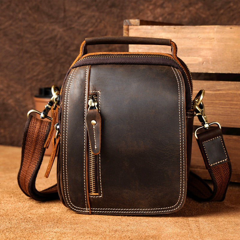 Coffee Leather Small Side Bag Belt Pouch Mens Waist Bag Shoulder Bag for Men