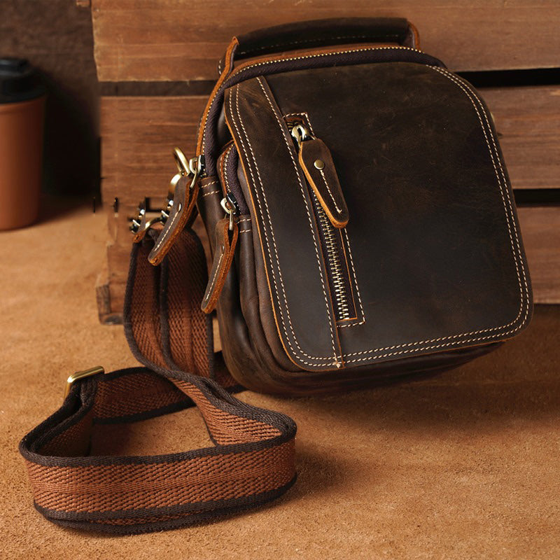 Coffee Leather Small Side Bag Belt Pouch Mens Waist Bag Shoulder Bag for Men