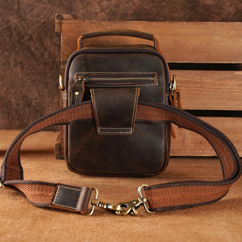 Coffee Leather Small Side Bag Belt Pouch Mens Waist Bag Shoulder Bag for Men