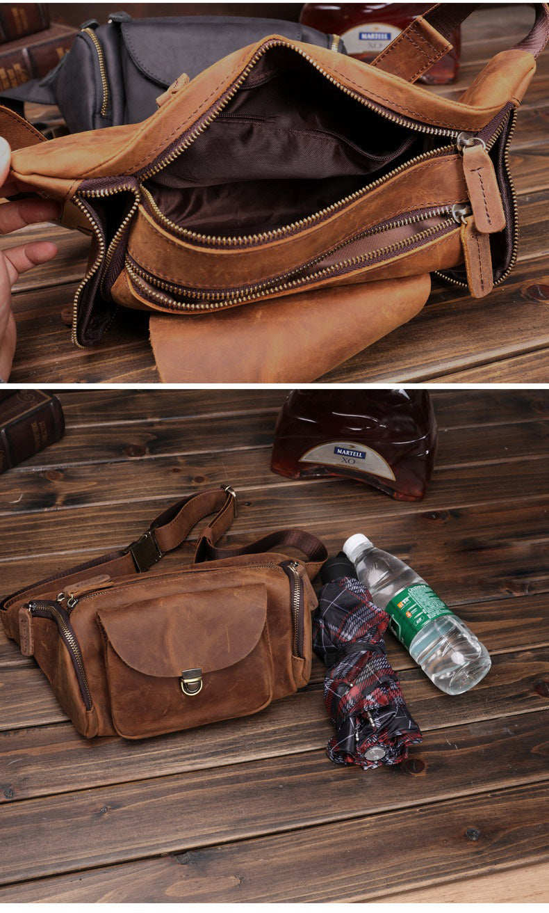 Coffee Leather Waist Bags Mens Fanny Packs Hip Packs Sling Bags Sling Pack for Men