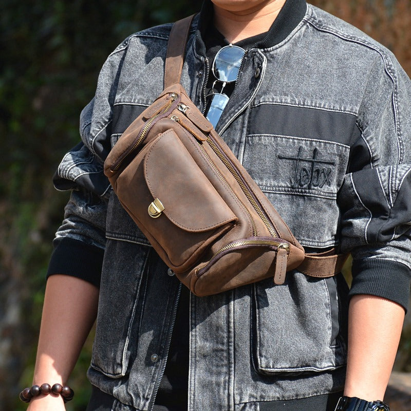 Coffee Leather Waist Bags Mens Fanny Packs Hip Packs Sling Bags Sling Pack for Men