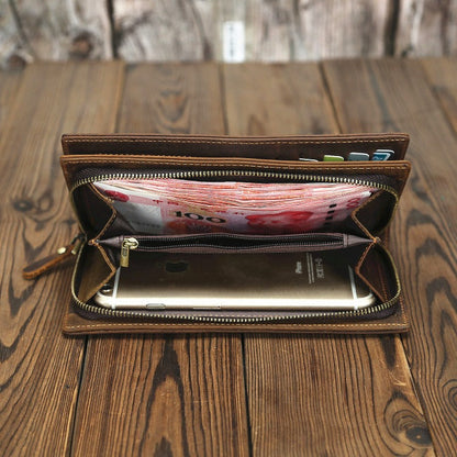 Coffee Vintage Clutch Wallet Leather Mens Bifold Long Biker Wallet For Men