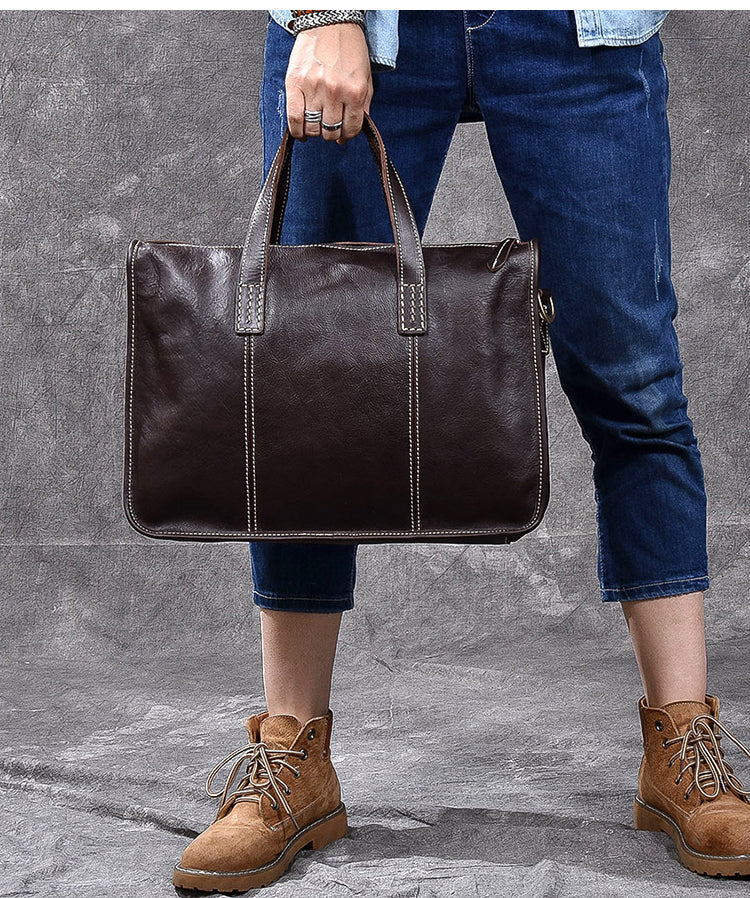 Handmade Leather Mens 13' Black Laptop Briefcase Business Brown Briefcase For Men