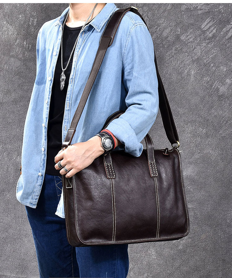 Handmade Leather Mens 13' Black Laptop Briefcase Business Brown Briefcase For Men