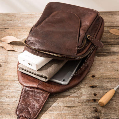 Coffee Leather Mens Sling Bag Sling Shoulder Bags Sling Backpacks for men