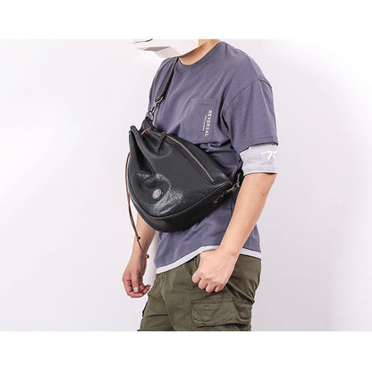 Cool Black Leather Men's Sling Pack Chest Bag One shoulder Backpack Crossbody Pack For Men