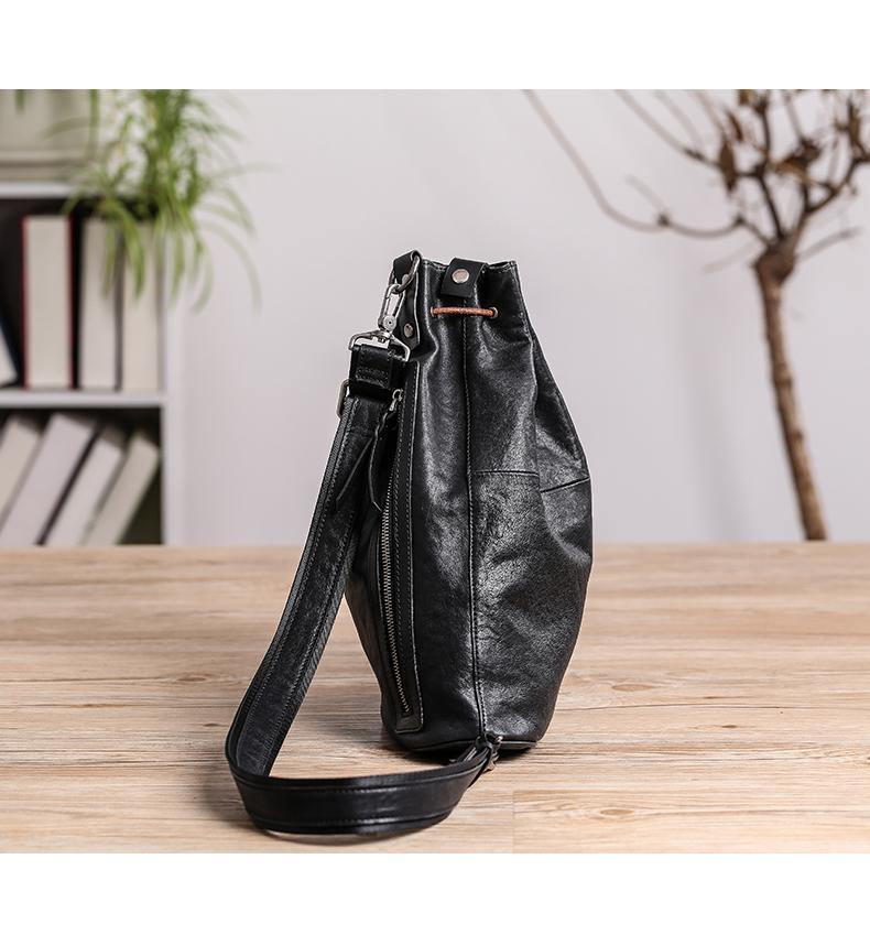 Cool Black Leather Men's Sling Pack Chest Bag One shoulder Backpack Crossbody Pack For Men