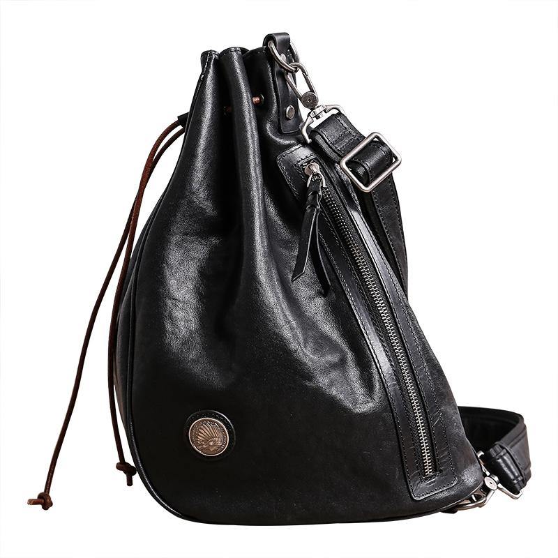 Cool Black Leather Men's Sling Pack Chest Bag One shoulder Backpack Crossbody Pack For Men