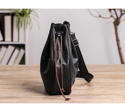 Cool Black Leather Men's Sling Pack Chest Bag One shoulder Backpack Crossbody Pack For Men