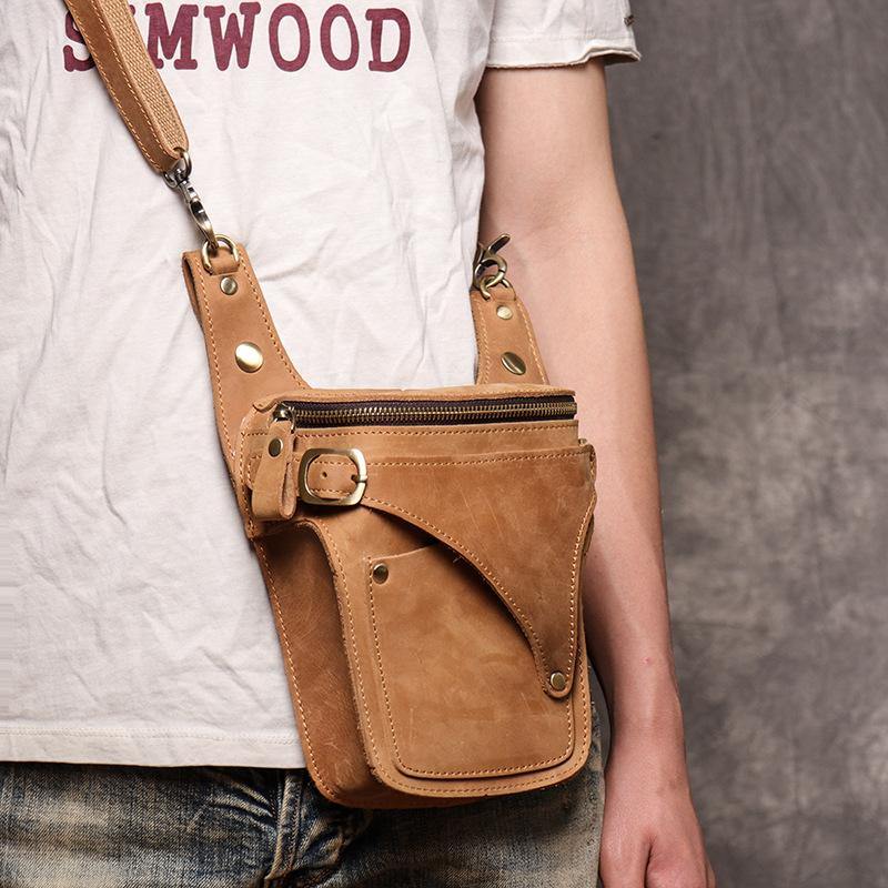 Cool Tan Men's Motorcycle Belt Pouch Belt Bag Leather Drop Leg Bag Waist Bag For Men