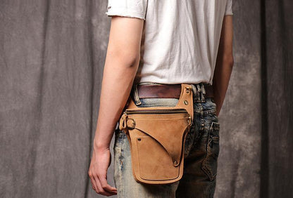 Cool Tan Men's Motorcycle Belt Pouch Belt Bag Leather Drop Leg Bag Waist Bag For Men