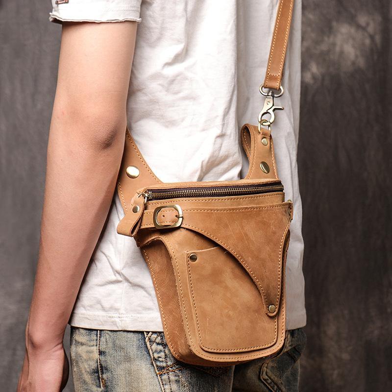 Cool Tan Men's Motorcycle Belt Pouch Belt Bag Leather Drop Leg Bag Waist Bag For Men