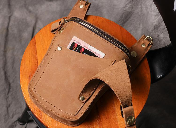 Cool Tan Men's Motorcycle Belt Pouch Belt Bag Leather Drop Leg Bag Waist Bag For Men