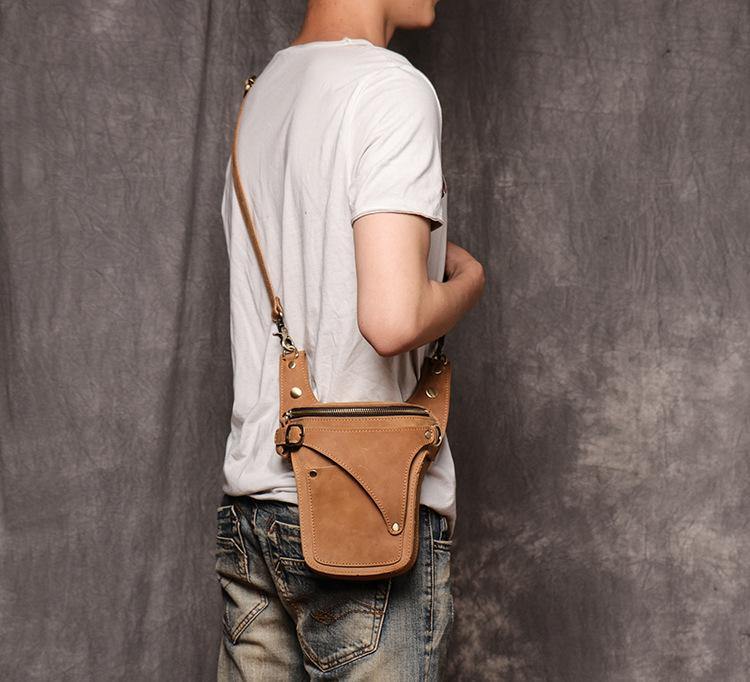 Cool Tan Men's Motorcycle Belt Pouch Belt Bag Leather Drop Leg Bag Waist Bag For Men