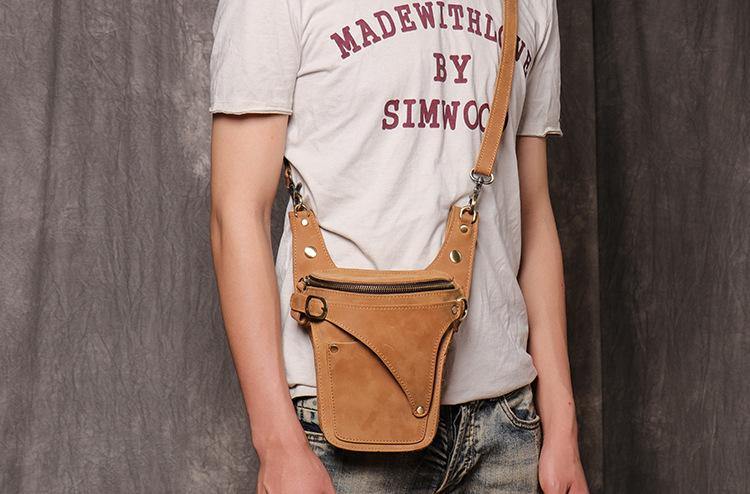 Cool Tan Men's Motorcycle Belt Pouch Belt Bag Leather Drop Leg Bag Waist Bag For Men