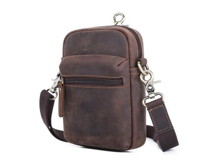 Brown Leather Small Waist Bag Belt Pouch Vertical Mini Shoulder Bag Belt Bag Side Bag For Men