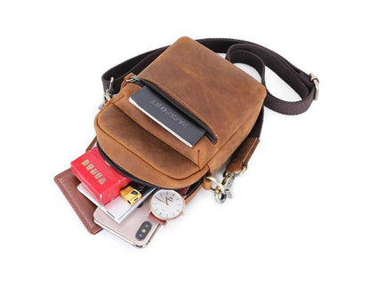 Brown Leather Small Waist Bag Belt Pouch Vertical Mini Shoulder Bag Belt Bag Side Bag For Men