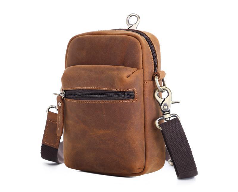 Brown Leather Small Waist Bag Belt Pouch Vertical Mini Shoulder Bag Belt Bag Side Bag For Men