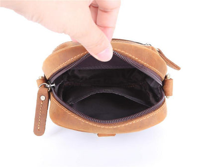 Brown Leather Small Waist Bag Belt Pouch Vertical Mini Shoulder Bag Belt Bag Side Bag For Men