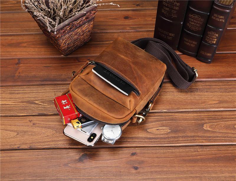 Brown Leather Small Waist Bag Belt Pouch Vertical Mini Shoulder Bag Belt Bag Side Bag For Men