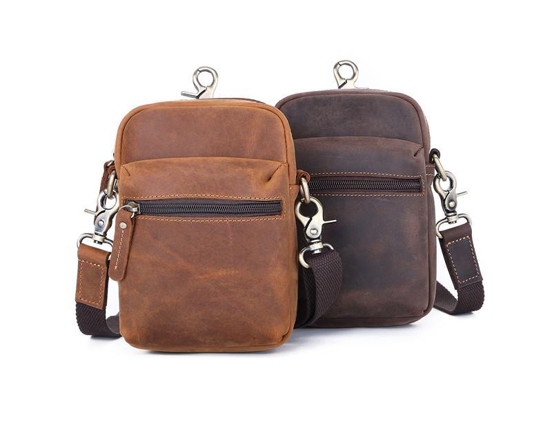 Brown Leather Small Waist Bag Belt Pouch Vertical Mini Shoulder Bag Belt Bag Side Bag For Men