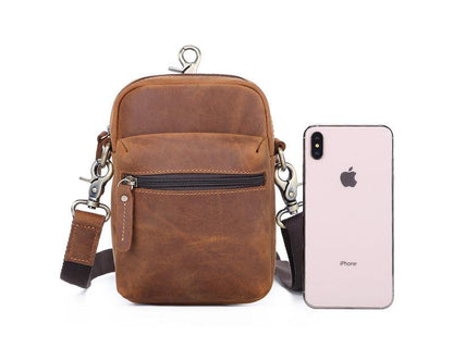 Brown Leather Small Waist Bag Belt Pouch Vertical Mini Shoulder Bag Belt Bag Side Bag For Men