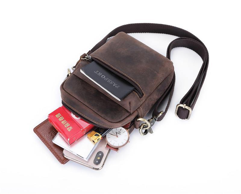 Brown Leather Small Waist Bag Belt Pouch Vertical Mini Shoulder Bag Belt Bag Side Bag For Men