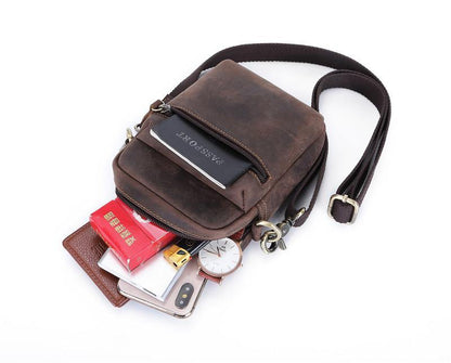 Brown Leather Small Waist Bag Belt Pouch Vertical Mini Shoulder Bag Belt Bag Side Bag For Men